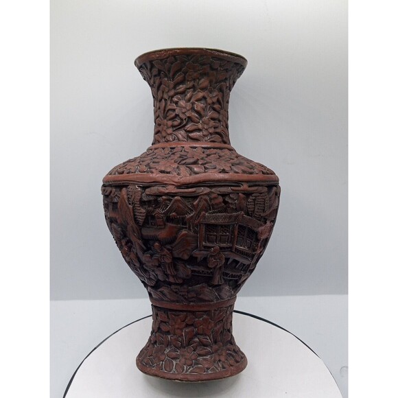 Chinese Cinnabar Vase Carved Super Rare Piece Original Antique 8 1/2" Tall - Picture 2 of 16